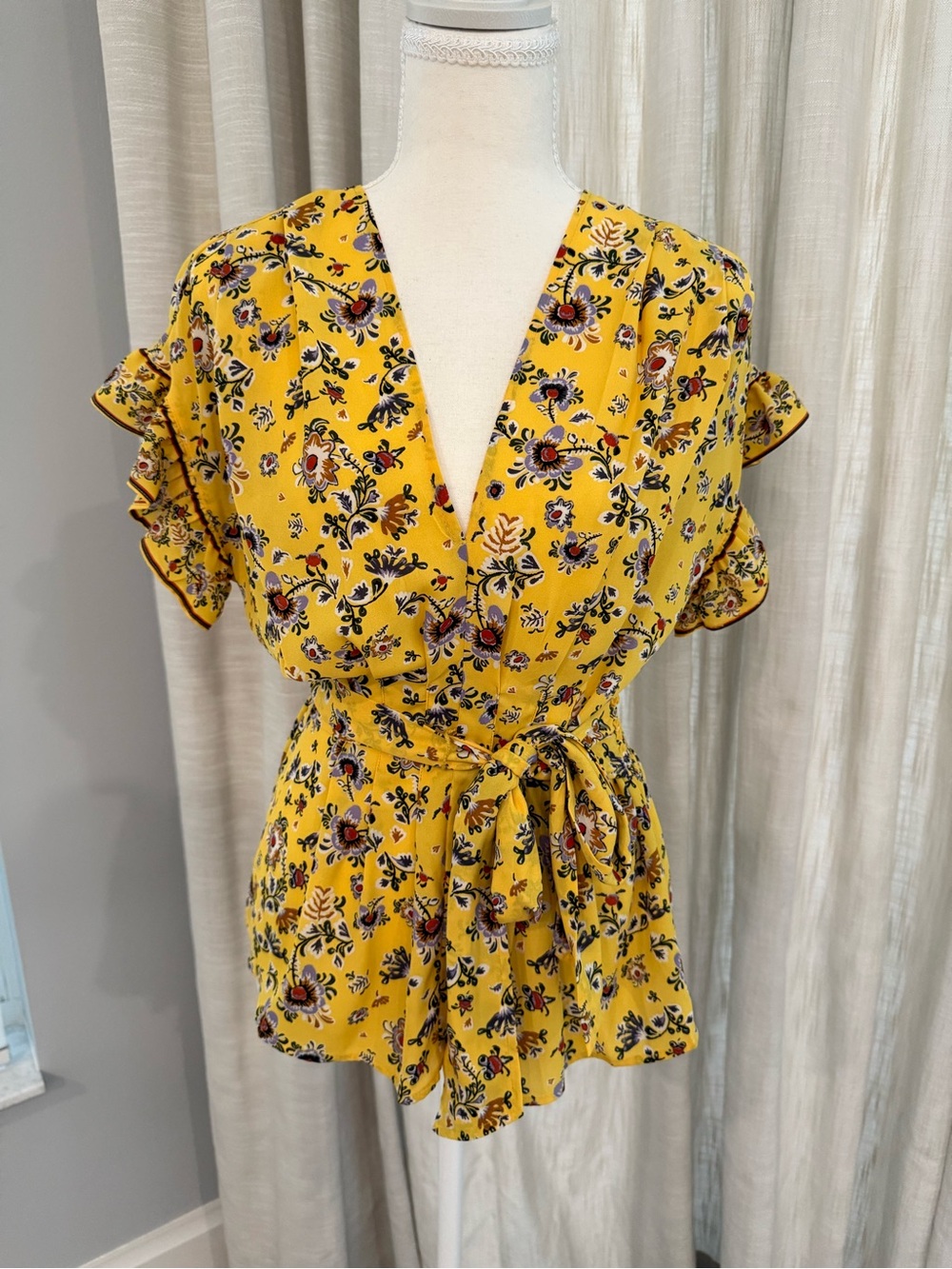 Women’s Yellow Floral Top with Tie Waist